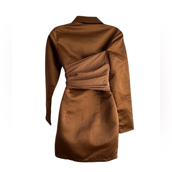 PRETTY LITTLE THING Chocolate Satin Chiffon Drape Blazer Dress • Size: 4 • NWT - Picture 7 of 12